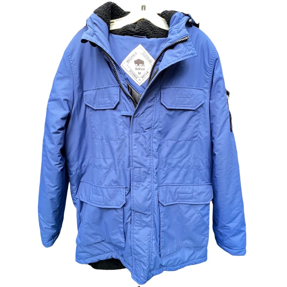 Bellfield Clothing Blue Coat Black Fur Trimmed Hood Mens Medium